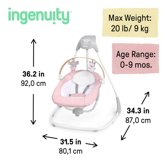 Ingenuity SimpleComfort Compact Baby Swing, Rotating Seat Swings in 3 Directions, 6 Speeds, 8 Melodies & 3 Nature Sounds, Ages 0-9 Months, Up to 20 Pounds - Pink