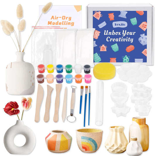 Texilo Air Dry Clay Kit for Adults, Pottery Starter Tools for Beginner, DIY Painting Making Set with Clay,Paints,Sculpting Tools,Varnish, Guide, Christmas Birthdays Gift for Arts Crafts Lover at Home