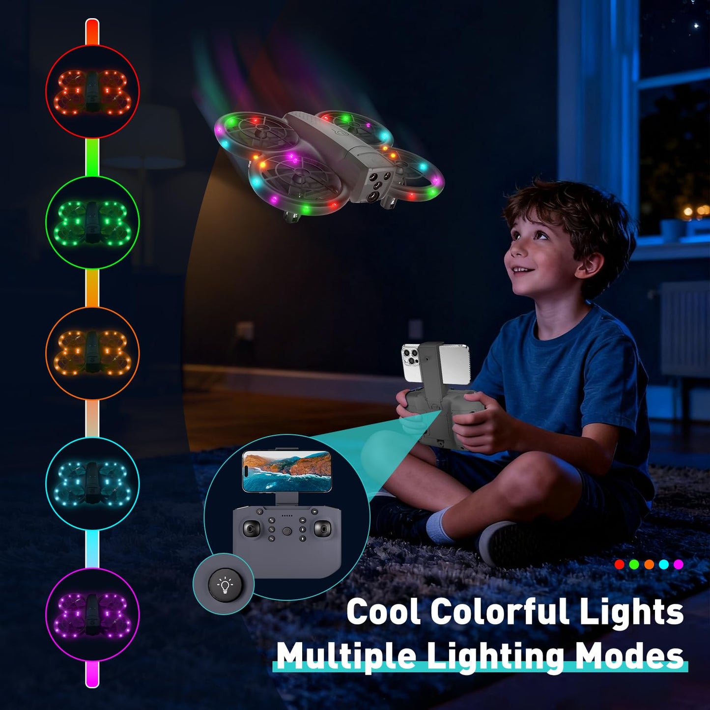 Mini Drone for Kids and Beginners With Cool LED Light - Drone with Camera 1080HD, 3D Flip, Altitude-Hold, Headless Mode, 3 Speed Modes, Easy to fly Kids Gifts Toys With 2 Batteries for Boys and Girls(Grey)