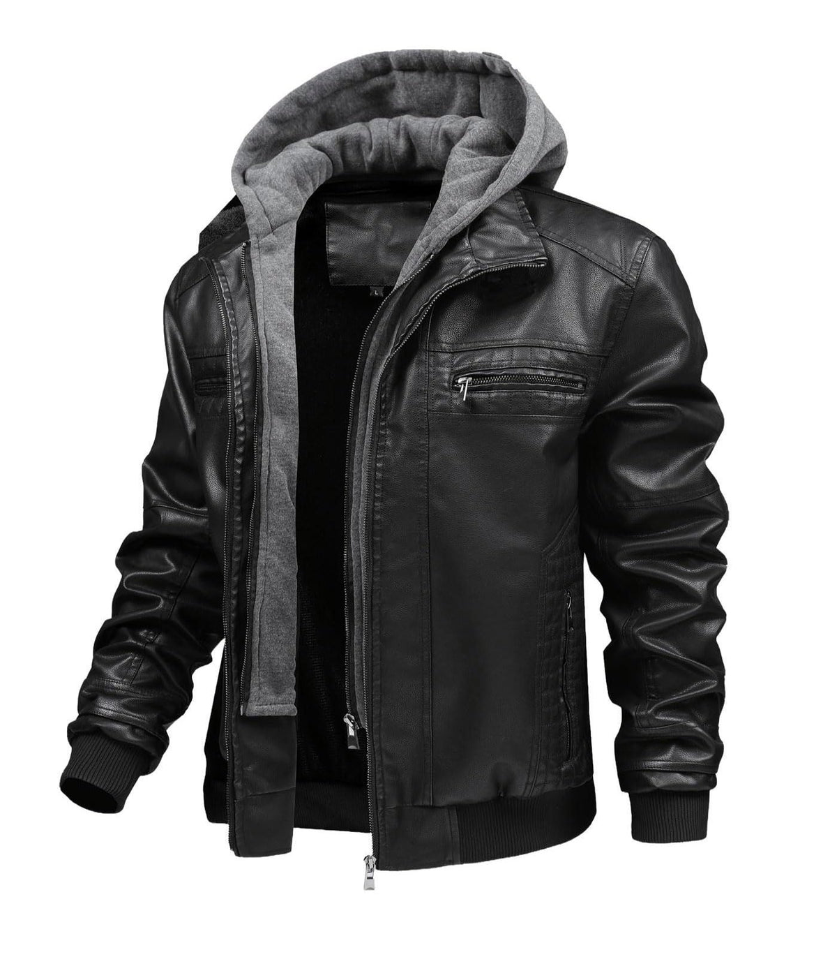 FTIMILD Men's Leather Jacket Motorcycle Jacket Windproof PU Vintage Bomber Jacket with Removable Hood