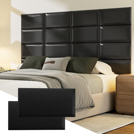 Elvone Peel and Stick Padded Wall Panels for Kids, 3D Anti-Collision Wall Mounted Bed headboard for Full, Black, 6PCS