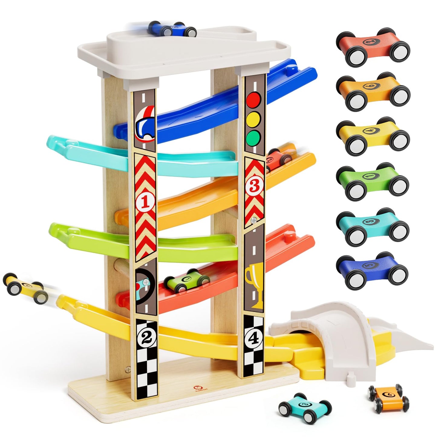 TOP Bright Wooden Race Track Car Ramp Toys for Toddlers 1-3 Years Old with 6 Mini Cars, 1 Car Garage & Extra Bridges, Toddler Montessori Toys for 1 Year Old Boys Girls Birthday
