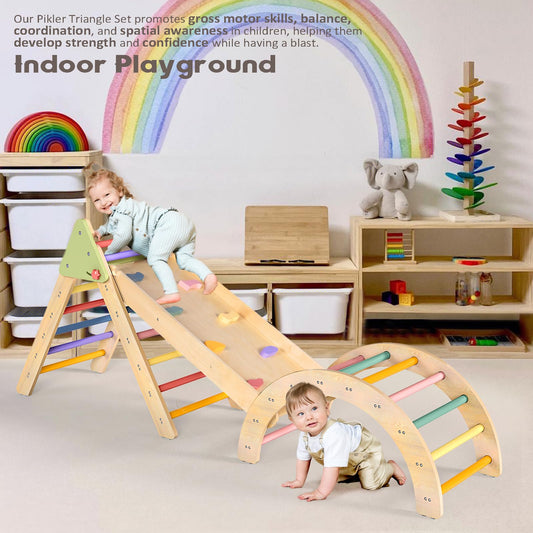aiwo 7-in-1 Pikler Triangle Set Toddler Climbing Toys Indoor, Montessori Baby Climbing Gym, Climbing Set for Toddlers 1-3 Jungle Gym-Extra Thick