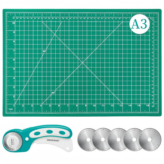 AMASEWART 45mm Rotary Cutter and Mat Set, Fabric Cutter Wheel and 12x18 Inch Self Healing Sewing Cutting Mat, Fabric Rotary Cutter with 5pcs Rotary Blades for Quilting Patchworking Crafts, Turquoise