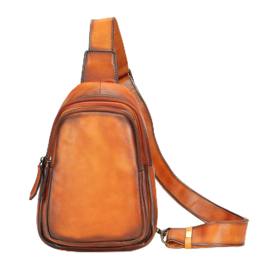 NIUCUNZH Genuine Leather Men Sling Bag, Handmade Vintage Shoulder Crossbody Bags Purse Small Travel Pack for Women and Men Daypack Brown