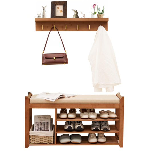 PETKABOO Hall Tree with Bench and Shoe Storage, Coat Rack Shoe Bench Set with Seat Cushion and 6 Hooks for Entryway, Hallway, Living Room and Bedroom