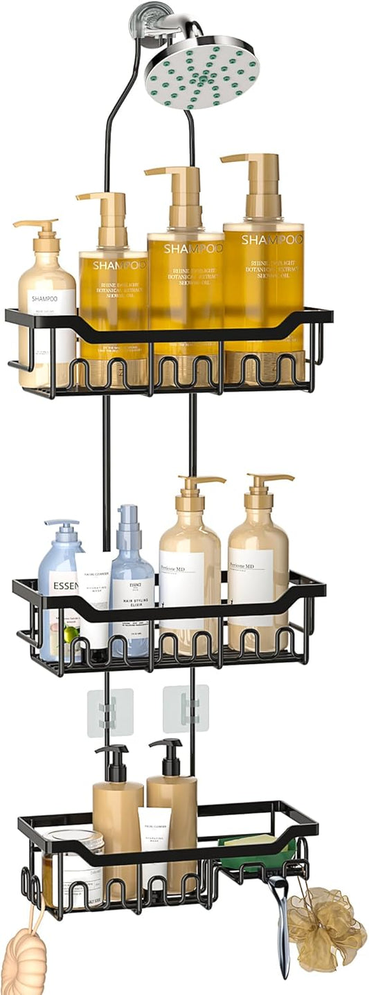 Skiennix Adjustable Shower Caddy - 3-Tier Hanging Organizer with Soap Holder | Extended Length, Black