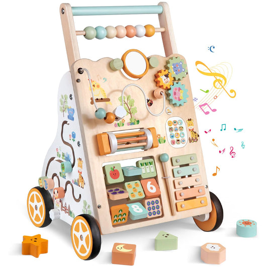 Wooden Baby Walker with Wheels, Push Walker with Baby Activity Center, Montessori Walking Toy for Girls Boys, Ajustable Speed & Height Activity Toy for Toddler Learning to Walk 12+ Months (Natural)