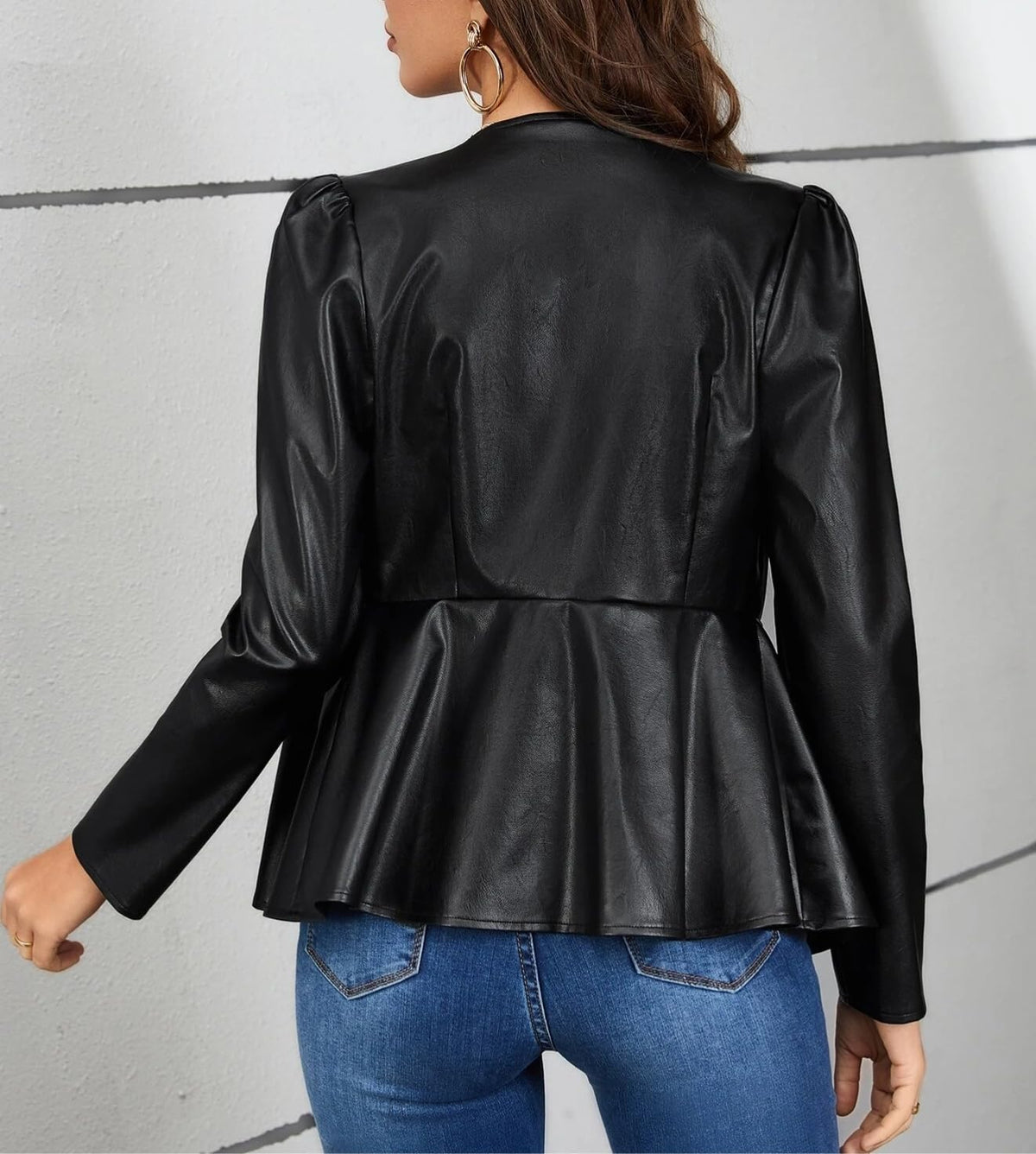 Kedera Womens Faux Leather Jacket Zip Up Puff Sleeve Peplum Coat Long Sleeve Jacket Crew Neck Crop Jacket Outwear