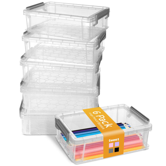 Sooez 6 Pack Extra Large Pencil Box, Plastic Pencil Case Crayon Box, Clear Marker Organizer Plastic Containers with Lid, Stackable Storage Boxes for Art Craft,Pen,Back to School Teacher Supplies, Grey