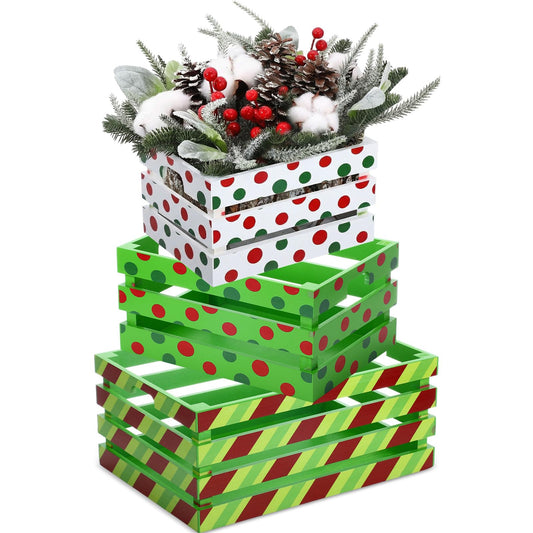 Novabright 3 Pcs Christmas Wood Crates 13'' 11'' 9'' Decorative Rustic Nesting Crate with Handle Farmhouse Wood Storage Basket Gift Boxes for Winter Display Candy Craft Pet Holiday Decor(Clean Style)