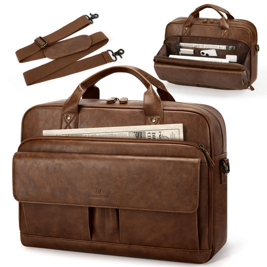 RAINSMORE Mens Laptop Bag PU Leather Messenger Bag 15.6 Inch Briefcase for Men Vintage Computer Satchel Shoulder Bag for Work, Business,Travel, Office, Brown