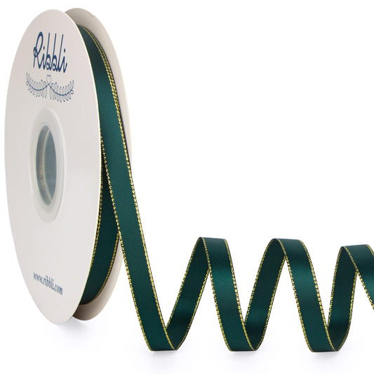 Ribbli Spruce Green Satin Ribbon with Gold Edge,Double Faced Satin 3/8 inch x Continuous 50 Yards, Green Ribbon Use for Crafts, Gift Wrapping, Wedding Card Decoration