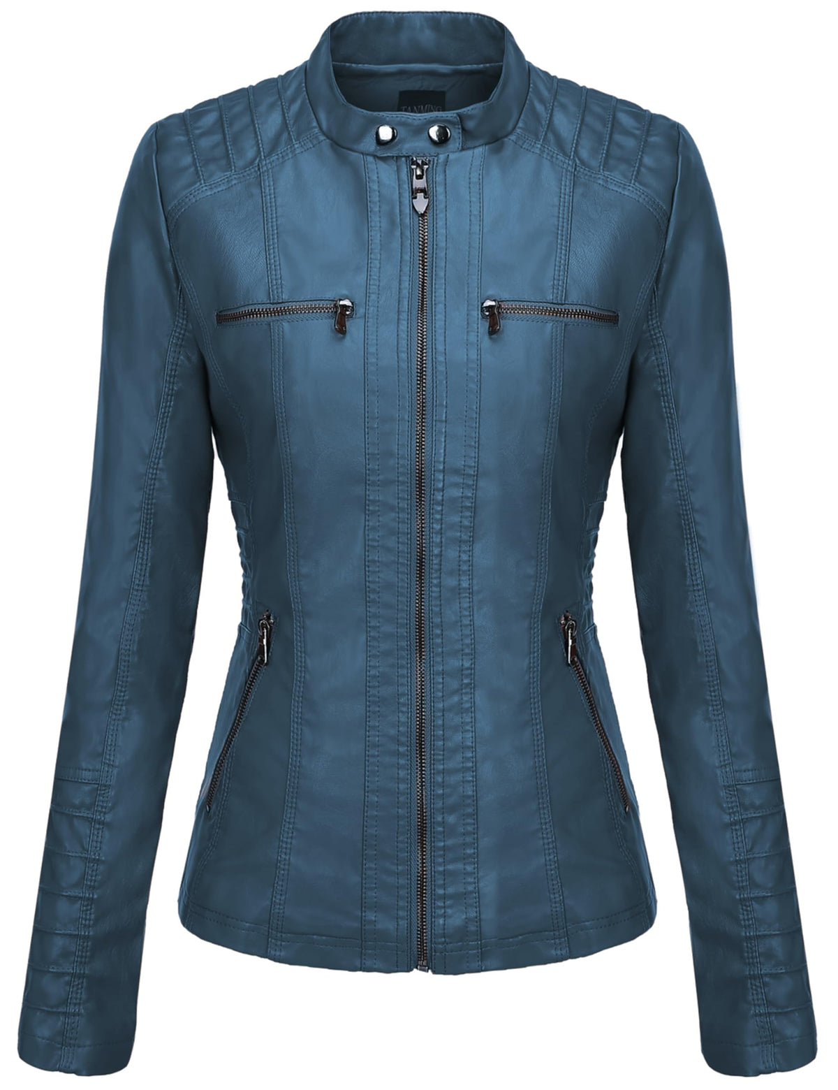 Tanming Womens Faux Leather Jacket Hooded Moto Biker Coat Outerwear Fall Fashion Outfits Winter Clothes(Blue-L)