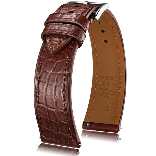 Getalia® Genuine Alligator Leather Watch Band, Crocodile Grain Strap with Quick Release, 18 20 22mm Replacement Watch Strap for Men and Women（Brown-Width:20mm）