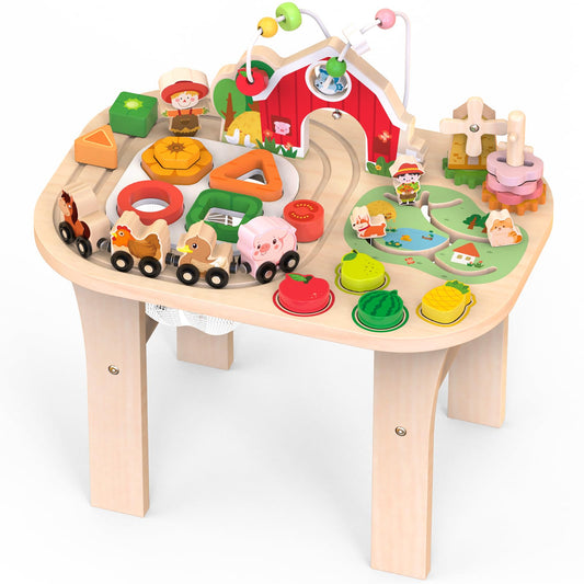 Weilim Montessori Activity Table for 1 Year Old — Wooden Sensory Table Baby Activity Center with Bead Maze, Shape Sorter, Train Track, Farm Toddler Toy, Educational Standing Play Toys, Kids 12+ Months