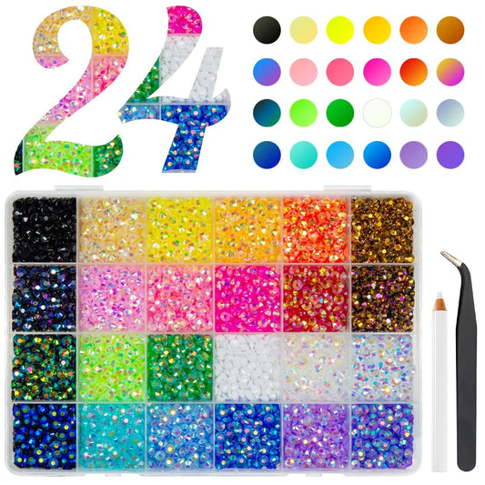 qiipii 24 Color 5mm Jelly Resin Rhinestones Colorful AB Flatback Stones Gems Diamonds Non-Hotfix Bulk Charms Supplies for Nails Eyes Face Makeup Body Crafting Tumblers Bottles DIY Crafts Decor Shoes