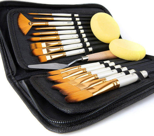 18 Piece Paint Brush Set, ARTIFY 15 Acrylic Paint Brushes, Palette Knife, and 2 Sponges, Professional Artist Paint Brushes for Acrylics, Watercolors, Gouache, Canvas, and Face Painting, Ivory White