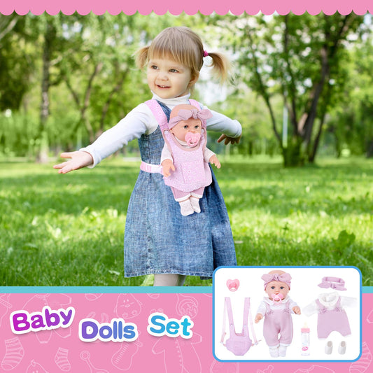 BDDOLL 12'' Baby Doll Playset with Clothes and Dolls Carrier Accessories Included Baby Carrier, Bottles, Nipple, Socks, Headbands