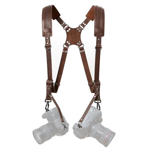 Padwa Lifestyle Dual Camera Harness Strap for Two-Cameras - Dual Shoulder Full Grain Leather Harness,Multi Double Camera Gear for DSLR/SLR Strap,Double Camera Harness for Photographers,Brown