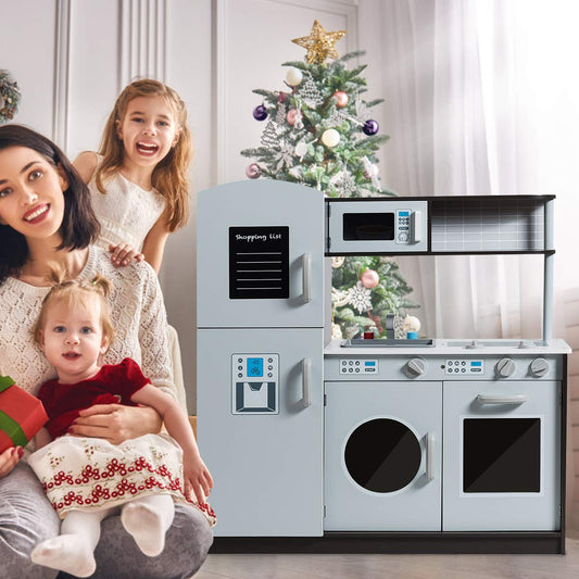 Costzon Kids Play Kitchen, Wooden Kids Kitchen Playset w/Realistic Sound, Microwave, Oven, Washing Machine, Refrigerator, Sink, Toy Kitchen, Gift for Boys Girls Age 3+