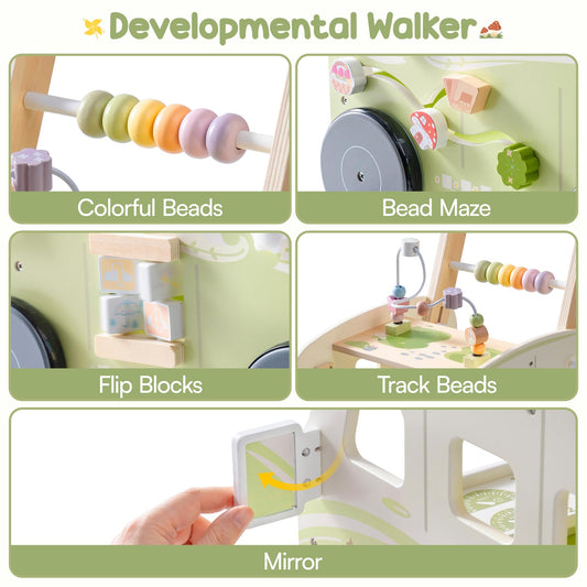 ROBOTIME Wooden Baby Walker, Baby Push Walker, Ajustable Speed Multi-Functional Baby Walker with Wheels for Babies Learning to Walk, Sit-to-Stand (Green)