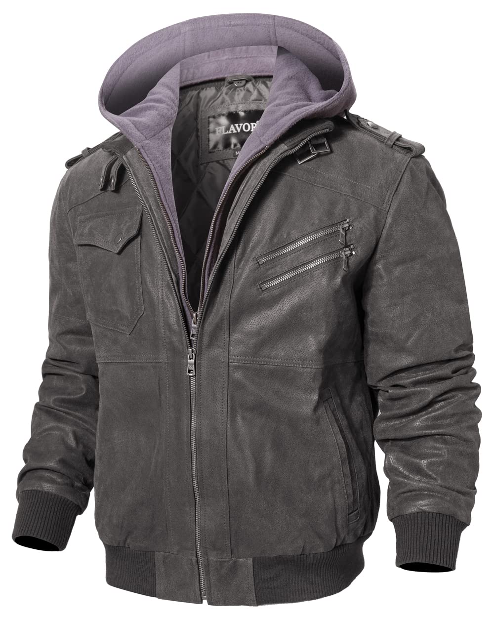FLAVOR Men Brown Leather Motorcycle Jacket with Removable Hood (Large, Gray)