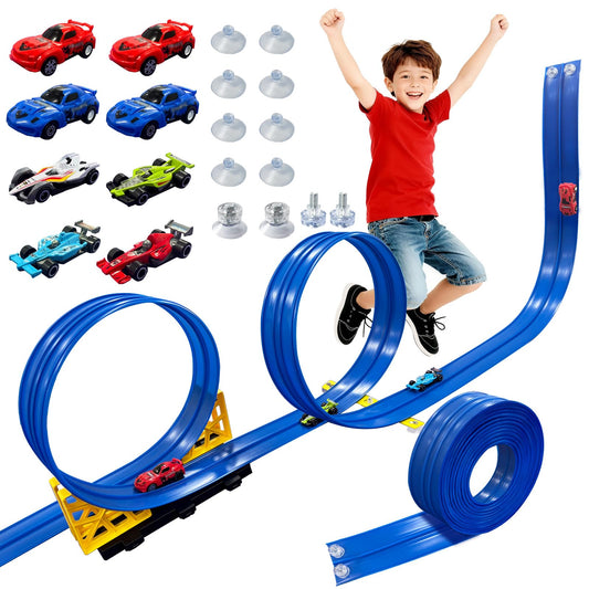 16.5 Ft Flexible Race Track for Kids, Portable DIY Roll-Up Racetrack Set Compatible with Diecast 1/64th Cars - Includes 8 Racing Cars & Super-Grip Gravity Ramp, Birthday Gift for Boys Girls 3-8, Blue
