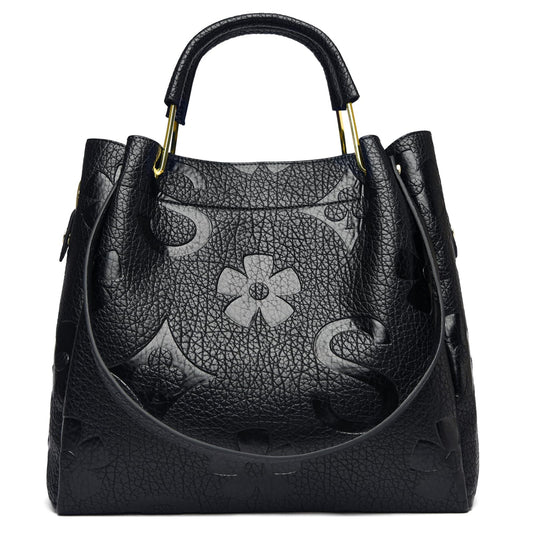 Travistar Floral Handbags and Purses Women - Retro Embossed Leather Top Handle Handbag Large Women's Shoulder Bag 3-in-1 Trendy Hobo Purse Ladies Bucket Satchel Bags Black Work Tote