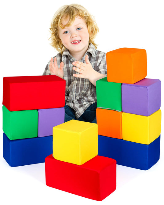 UHAPPYEE Toddler Foam Buliding Blocks - 12 Piece Fabric Covered in 2 Sizes Stacking Block Sets - Colourful Soft Play Set for Kids Idea for Building and Throwing Fun-Blue