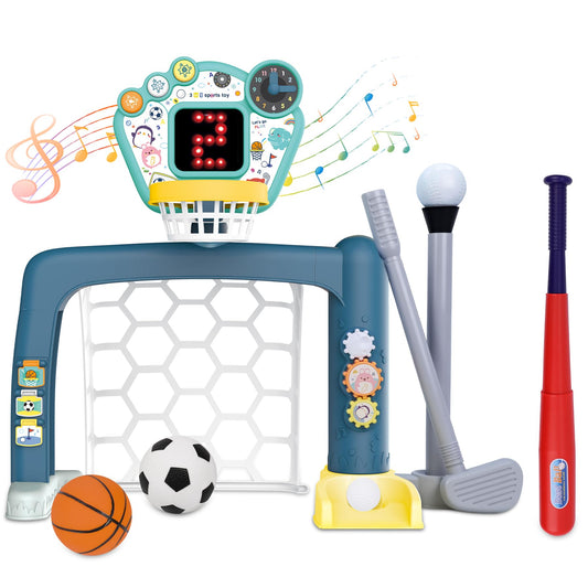 4 in 1 Adjustable Basketball Hoop Soccer Goal for Toddlers 1-3,Kids Sports Toys with Golf Baseball Toy,LED Scoreboard, Music & Educational Games,Indoor & Outdoor Baby Activity Center Age 18+M Boy Girl