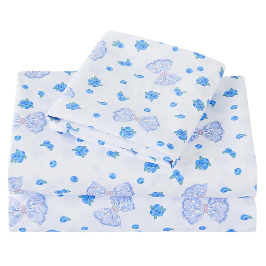 Viviland 3 Pieces Girls Blueberry Twin Sheet Set - Soft Microfiber Fitted Flat Sheets & Pillowcase - Blue Bow Blueberry Bedding Sets - for Kids & Toddlers