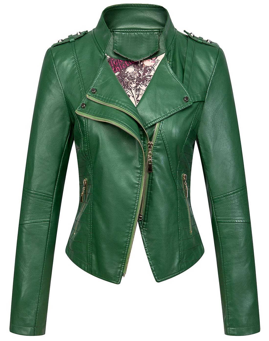 chouyatou Women's Candy Color Asymmetric Zip Slim Faux Leather Cropped Moto Jacket (Medium, Green)