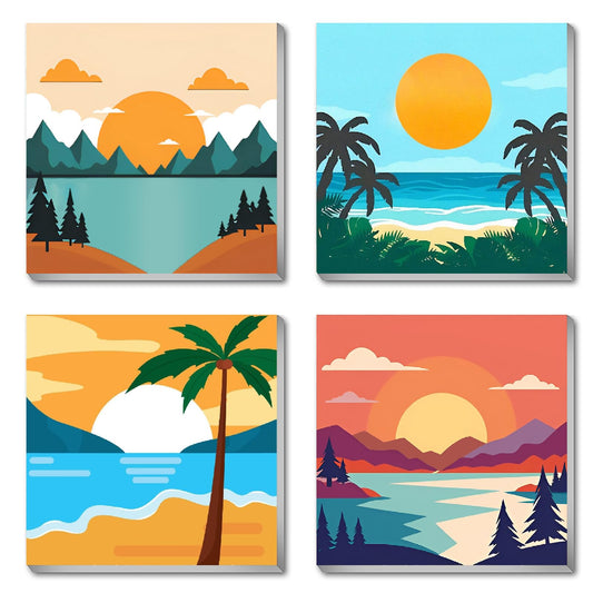 FQOVKYN 4 Framed Landscape DIY Paint by Numbers Kit for Adults Beginner, Sunset Easy Painting by Number with Frame, Acrylic Paint Kit Arts and Crafts for Adults for Decor 8x8inch