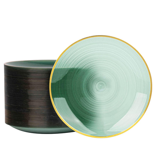 LCCFHTI 100PCS Transparent Green Gold Plastic Plates, 10 Inch Heavy Duty Disposable Dinner Plate with Gold Rim, Round Party Plates for Wedding, Party, Camping, Picnic, Birthday