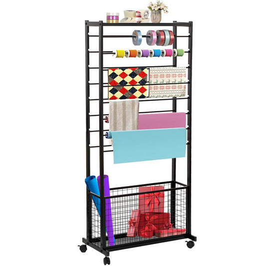 jvsufuik Ribbon Holder Organizer Rack, 16 Tier Ribbon Storage Organizer, Movable Metal Vinyl roll Storage with Storage Basket, Gift Wrapping Organizer Storage for Craft Room Flower Shop