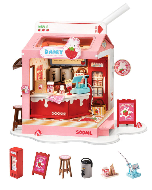Robotime DIY Miniature House Kit, 1:28 Scale Tea Shop Scale Diorama Dollhouse with LED Lights, 3D Wooden Puzzle for Adults, Creative Crafts & Unique Gift for Craft Enthusiasts (Strawberry Milk Box)