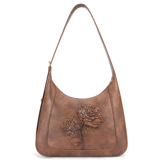 VIMUTI Small Shoulder Bag for Women, Vegan Leather Embossed Hobo Purse with Underarm Strap, Compact Daily Handbag (Brown)