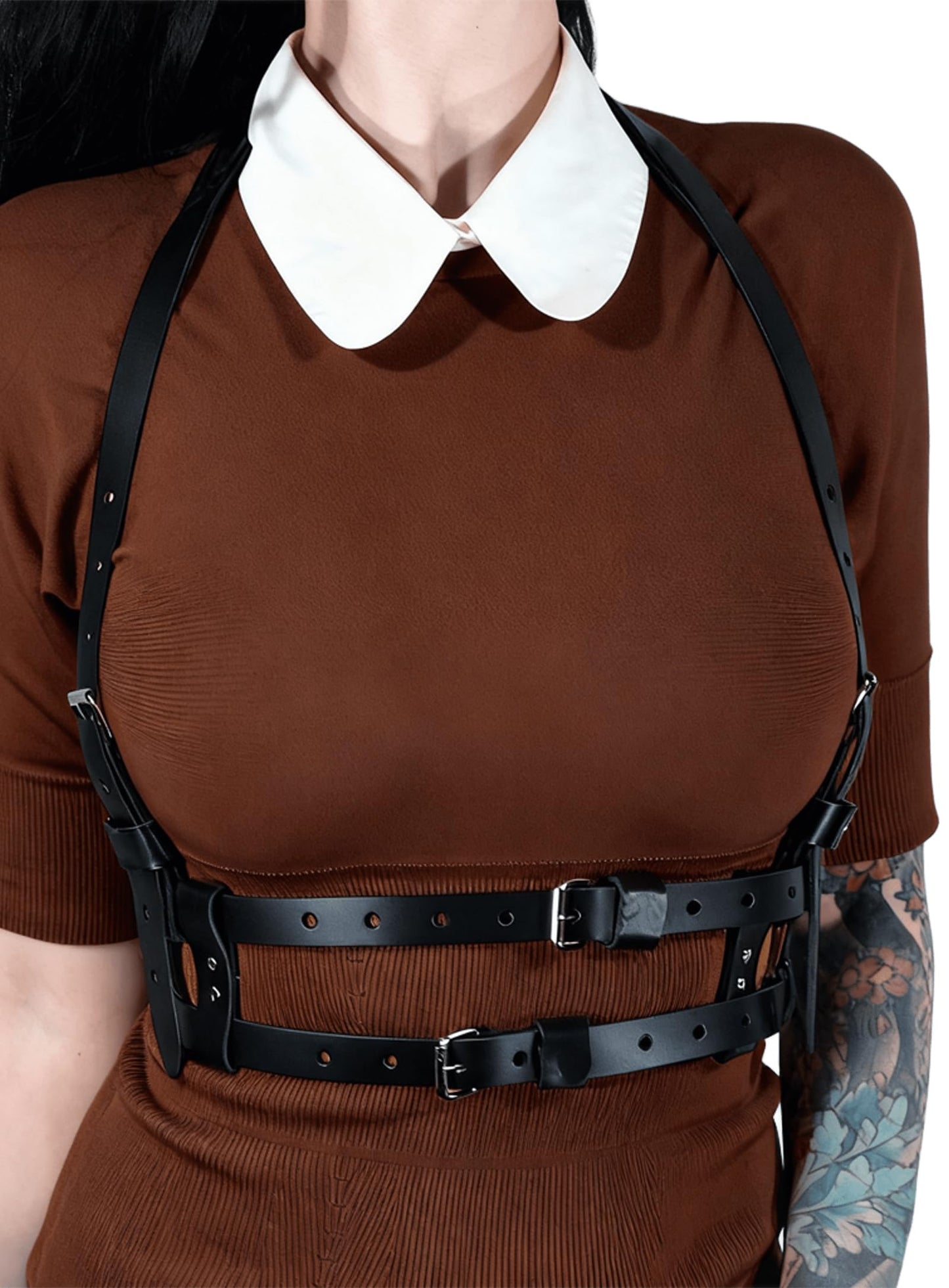 Women Adjustable Faux Leather Harness Belt Punk Fashion Waist Belt with Alloy Buckles Layered Outfit for Dresses Shirts Blazers Street(Waist 35.4-44.1in)