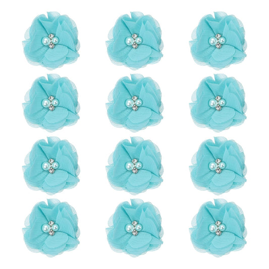 PATIKIL 2 Inch Chiffon Flowers, 12 Pcs Rhinestone Pearl Sewing Fabric Flowers Artificial Appliques Embellishments for Clothing Wedding DIY Craft Headbands Decor, Teal