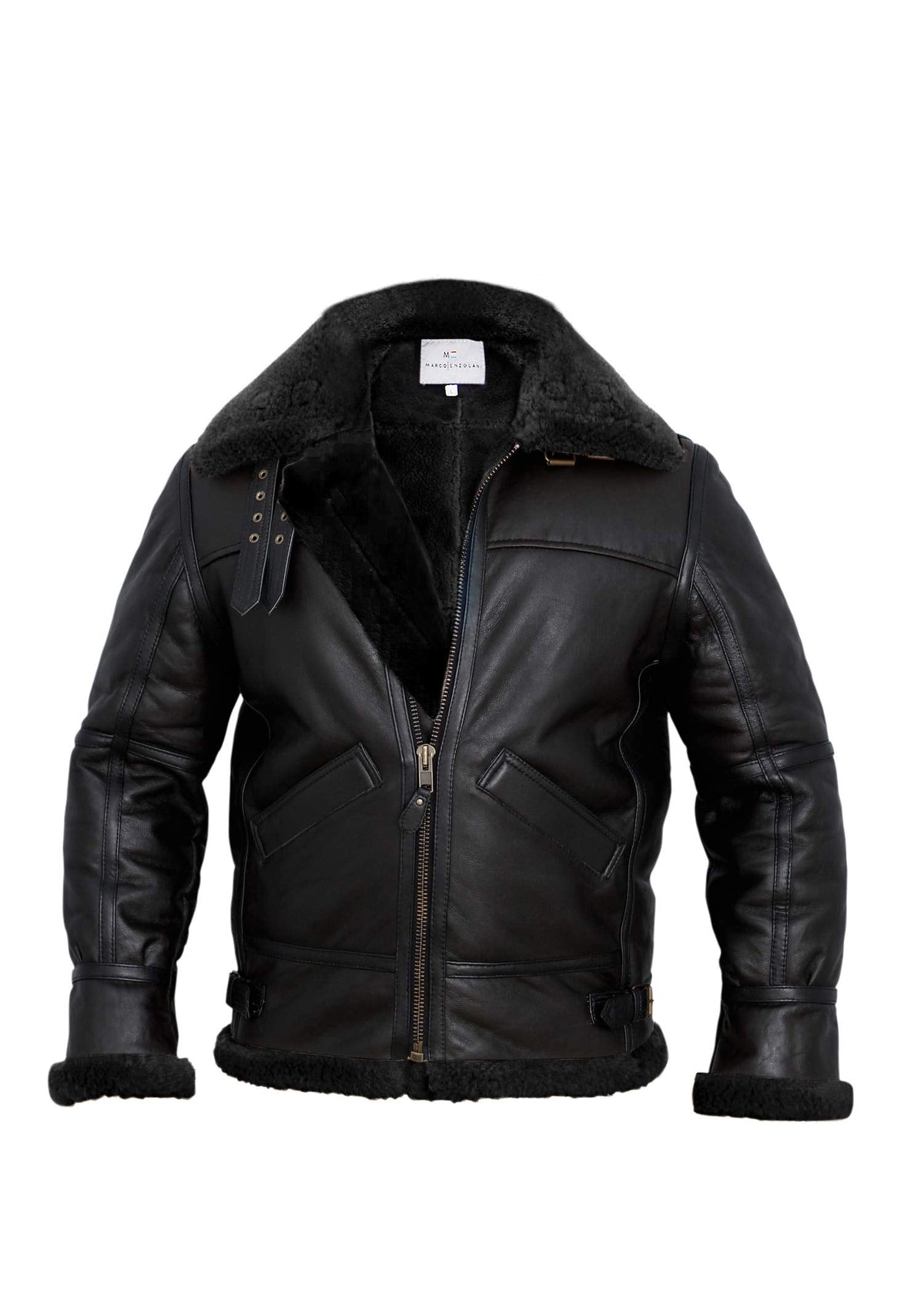 MARCO ENZOLANI Men B3 Bomber Jacket Aviator Real Shearling B3 Bomber Sheepskin Jacket Winter Black (Black, Xs)