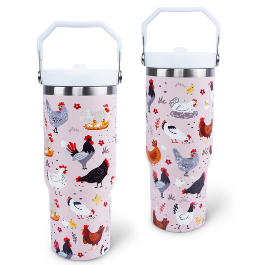 30 oz Tumbler with Handle Flip Straw Leak Proof - Chicken and Rooster Design 30oz Tumbler Travel Coffee Mug with Handle - Birthday Gifts for Women Chicken Lovers 30 Ounce Stainless Steel Cup