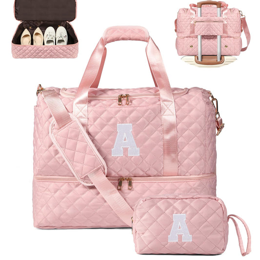 Personalized Initial Travel Bag, Quilted Duffle Bag, Weekender Bag for Women with Cosmetic Bag, Gym Bag with Shoe Compartment, Carry on Overnight Bag, Hospital Bag for Labor Delivery (Pink, A)