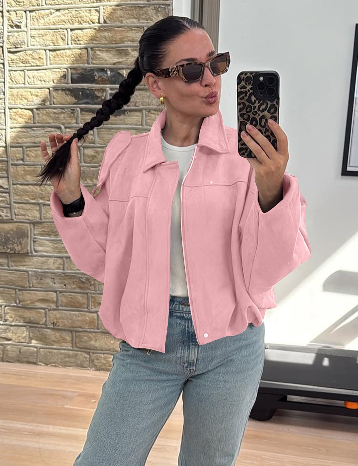 Kissonic Womens Faux Suede Bomber Jacket Oversized Batwing Long Sleeve Zip Up Cropped Coat Streetwear(Pink-L)