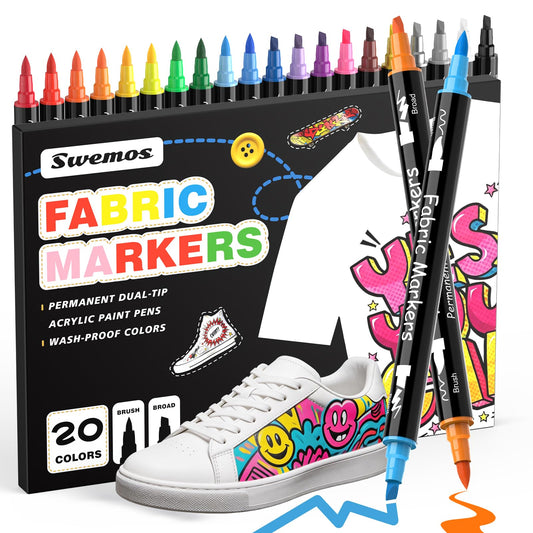 Swemos 20 Fabric Markers, Fabric Paint Permanent for Clothes, Brush and Chisel Tip Acrylic Paint Pens for Helmets, Skateboards, Hats, Canvas, Shoes, Bags, Craft, DIY - Fabric Decorating Kit
