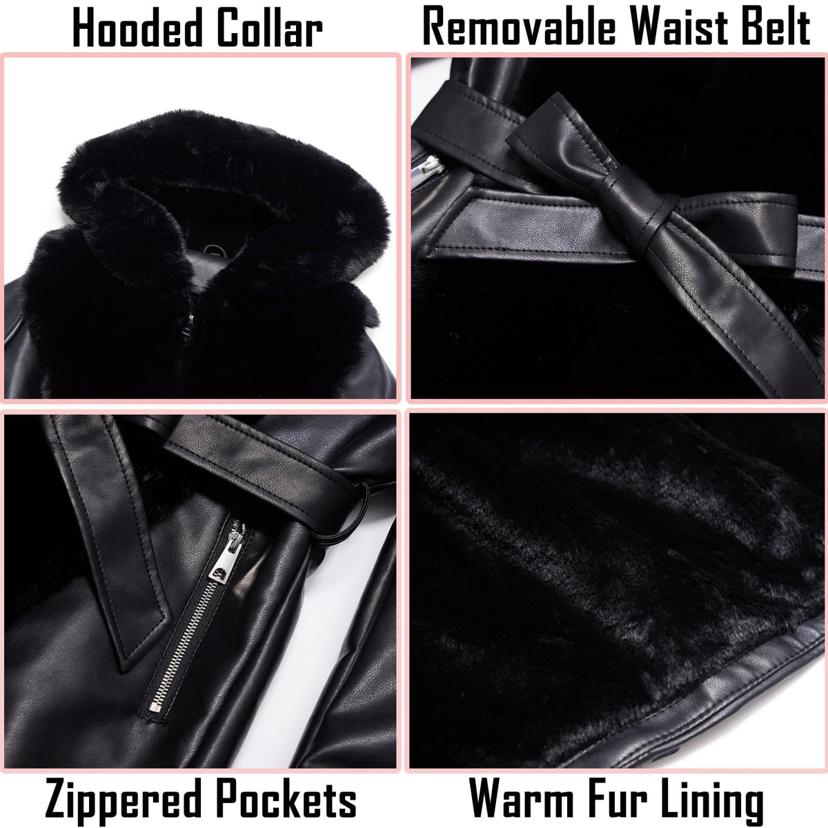 RISISSIDA Luxurious Fur Lined Faux Leather Jacket Women Winter Coat Hood Long Fur Collar Zipper Up,Plus Size Oversized Thick Warm Overcoat Belted Black 3XL