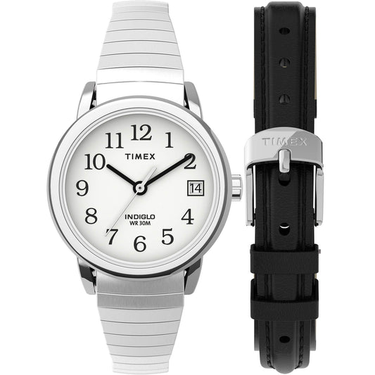 Timex Women's Easy Reader 25mm Watch Box Set – Silver-Tone Case White Dial with Tapered Expansion Band + Black Leather Strap