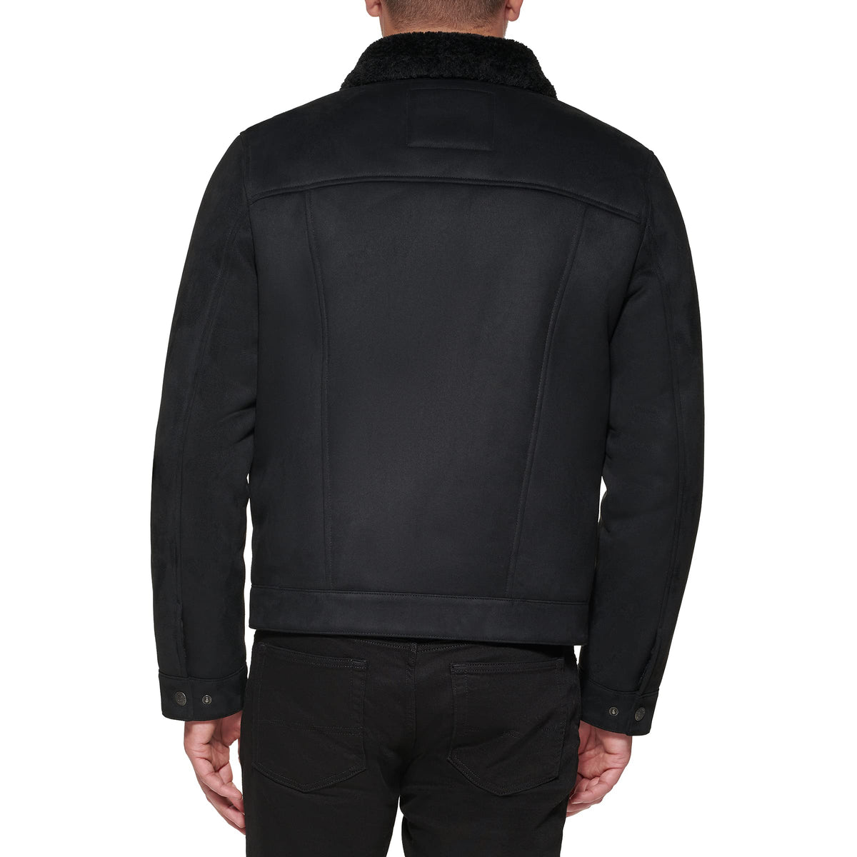 Levi's Men's Faux Leather Sherpa Lined Trucker Jacket, Black Faux Shearling, Small