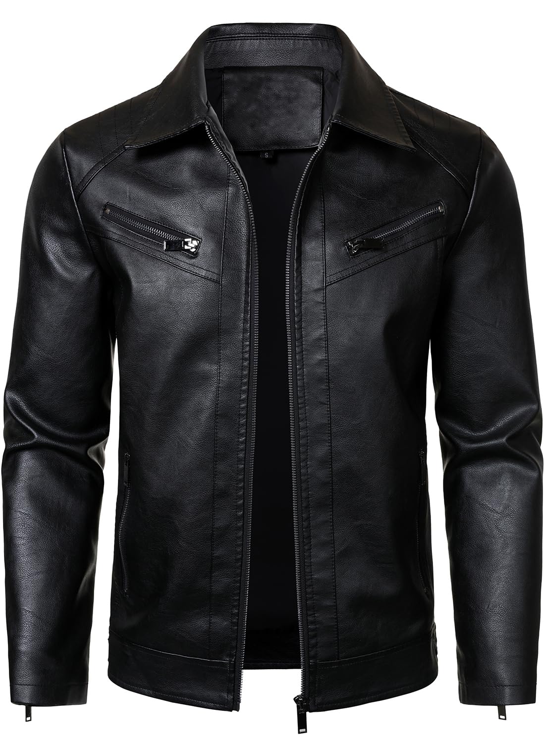 HOOD CREW Mens PU Leather Jacket Classic Style Turn Down Collar Faux Leather Biker Jackets Black L