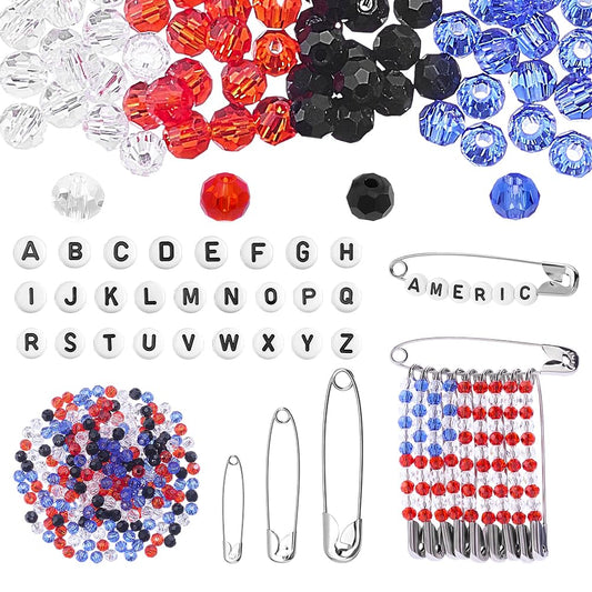 PH PandaHall 994pcs DIY Beaded Safety Pin Kit, 5 Colors Independence Day Patriotic Glass Beads 4mm Faceted Crystal Beads Letter Beads with 290pcs Safety Pin Brooches for Pants Jackets Hats DIY Crafts